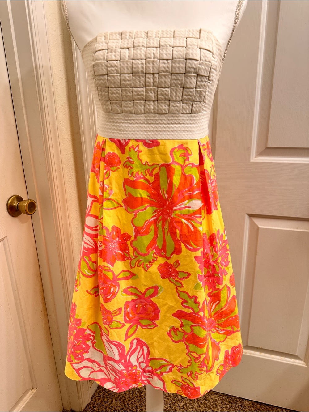 Lilly Pulitzer Yellow Floral Strapless Dress with Pink & Coral Blooms